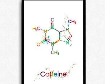 Aquarelkunst cafeïnemolecuul, moderne keukencanvasafdruk, kleurrijk cafédecor, grappige poster