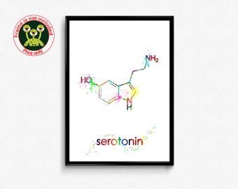 Serotonin Molecule Watercolor Illustration Print. Happiness Chemical Formula Science Poster. Chemistry Wall Art