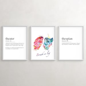 Theater Definition Art Prints: Comedy Tragedy Masks, Thespian Decor, Set of 3
