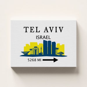 Tel Aviv Skyline Poster. Arrow Sign Print. Gift for Jews. Israel Modern Wall Art. Wrapped Canvas - Ready to Hang