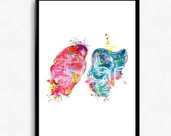Comedy Tragedy Masks Print: Theatrical Watercolor Wall Art, Gift for Actors