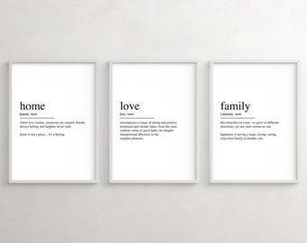 Home, Love, Family Definition Wall Art, Modern Minimalist Posters, Best Friend Gift, Scandinavian Decor, Set of 3 Prints