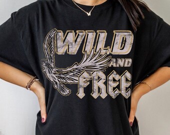 Wild and Free Distressed Rocker Graphic Tee Free Bird TShirt Vintage Inspired Oversized Band Shirt Thunderbird Boho Retro Eagle Shirt