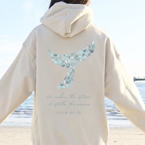 He Calms the Storm Christian Hoodie Seashell Whale Tail Shirt Ocean Inspired Faith Shirt Beachy Sweatshirt Coconut Girl Womens Christian