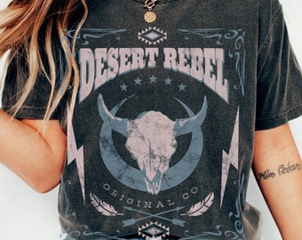 Desert Rebel Comfort Colors Graphic Western Tee Vaca Skull Shirt Bull Skull Cowgirl Country Music Shirt Nashville TShirt South West Shirt
