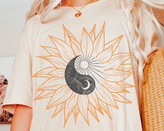 Yin Yang Sonnenblumen Shirt Wild Flower Tee Ying Yang Sonne und Mond Gute Energie Sonnensystem Zen Shirt Y2K Ästhetik Oversized Grafik T-Shirt