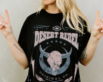 Desert Rebel Comfort Colors Graphic Western Tee Cow Skull Shirt Bull Skull Cowgirl Country Music Shirt Nashville TShirt South West Shirt