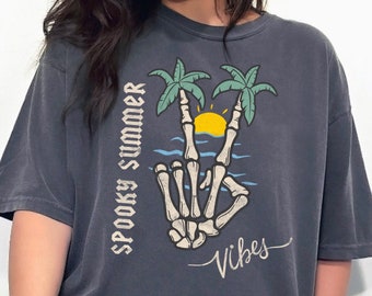 Spooky Summer Vibes Graphic Tee Comfort Colors Summerween Shirt Surfer Skeleton Shirt Halloween Beachy Sunset Palm Tree Shirt