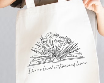 I Have Lived a Thousand Lives Tote Library Book Bag Bookish Tote Bag Aesthetic Reading Tote Bag Floral Botanical Reusable Sustainable Tote