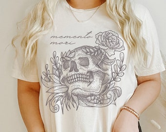 Memento Mori T Shirt Dark Cottagecore Shirt Skull Shirt Flower Tee Indie Shirt Literary Shirt Dark Academia Pastel Goth Shirt Skeleton Shirt