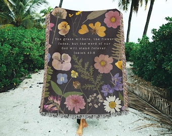 Pressed Flower Blanket Christian Cotton Throw Blanket Boho Bible Verse Aesthetic Botanical Scripture Woven Picnic Blanket Dorm Room Decor