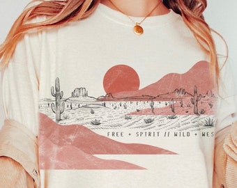 Camiseta gráfica del lejano oeste de Free Spirit, camiseta vintage estética del desierto, camiseta de Arizona, camiseta de cactus, camiseta de música country, camiseta Wanderlust