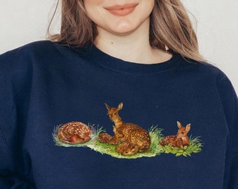 Cute Forest Deer Sweatshirt Mother Deer and Fawns Crewneck Cottage Core Forest Core Woodland Wild Life Shirt Nature Sweatshirt