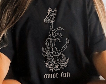 Amor Fati Love your Fate T Shirt Skeleton Shirt Butterfly Shirt Dark Academia Shirt Stoic Tee vintage Literary Shirt Nietzsche Quote Tee
