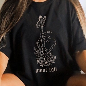 Amor Fati Love your Fate T Shirt Skeleton Shirt Butterfly Shirt Dark Academia Shirt Stoic Tee Vintage Literary Shirt Nietzsche Quote Tee