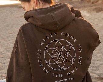Seine Barmherzigkeit kommt nie zu Ende Heilige Geometrie Hoodie Christlicher Hoodie Spiritueller Bibelvers Glaube basiert Celestial Dunkelgrün Brauner Hoodie