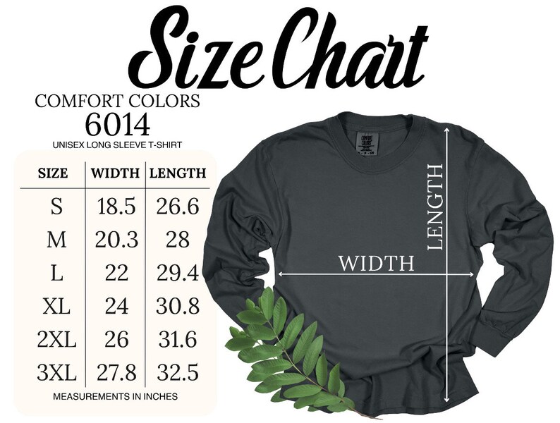 K&ouml;nnte beinhalten: Gr&ouml;&szlig;entabelle f&uuml;r ein Unisex-Langarmshirt. Die Tabelle zeigt die Breite und L&auml;nge in Zoll f&uuml;r die Gr&ouml;&szlig;en S, M, L, XL, 2XL und 3XL. Das Shirt ist in dunkelgrau dargestellt.
