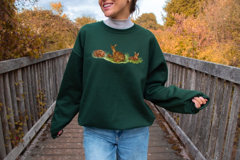 Cute Forest Deer Sweatshirt Mother Deer and Fawns Crewneck Cottage Core Forest Core Woodland Wild Life Shirt Nature Sweatshirt image 3