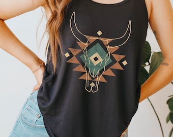 Aztec Cow Skull Tank Top South Western Graphic Tank Vintage Print Shirt Country Music Cowgirl Shirt Longhorn Skull Shirt Desert Tank Top