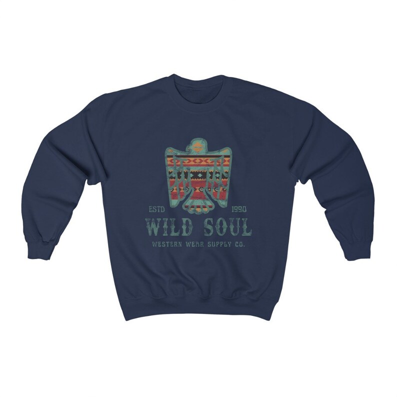 Wild Soul Western Wear Sweatshirt med sliten vintageinspirerad aztekisk sydvästskjorta Thunderbird Crewneck-skjorta med ökenvibbar och westerngrafik Navy