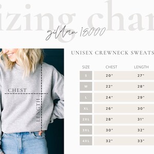 May include: Unisex crewneck sweatshirt sizing chart with measurements in inches for chest and length. Sizes range from S to 4XL.
