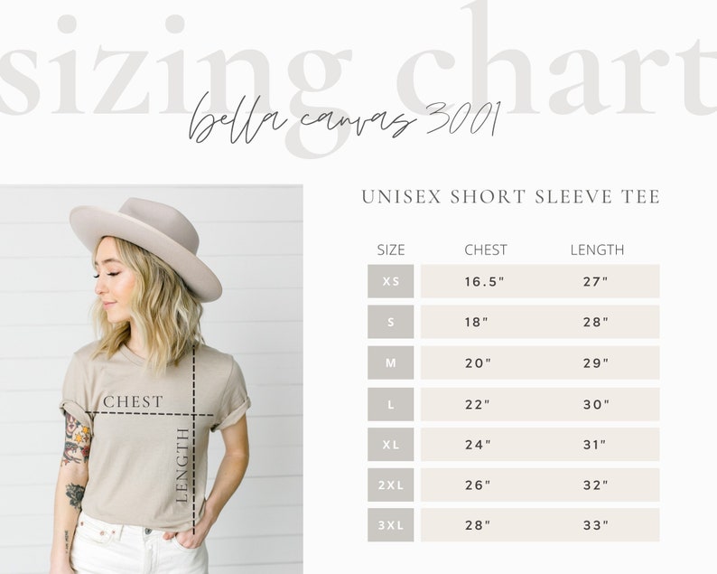 May include: Unisex short sleeve tee sizing chart with measurements in inches for chest and length. Sizes range from XS to 3XL.