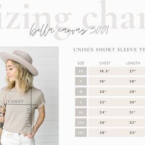 May include: Unisex short sleeve tee sizing chart with measurements in inches for chest and length. Sizes include XS, S, M, L, XL, 2XL, and 3XL.