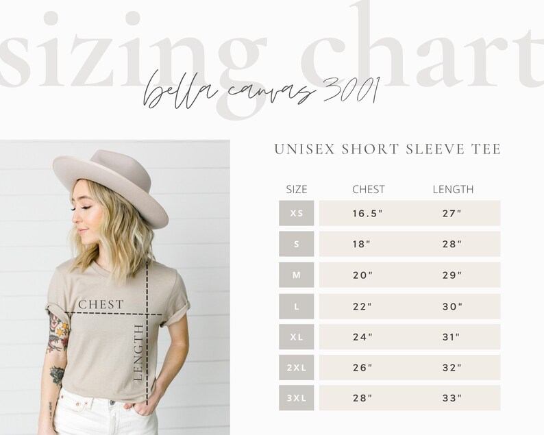 May include: Unisex short sleeve tee sizing chart with measurements in inches for chest and length. Sizes include XS, S, M, L, XL, 2XL, and 3XL.