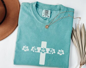 Beachy Christian Tee Hibiscus Flower Cross Shirt Christian Stay Salty Christian Merch Gift Coconut Girl Love Like Jesus Faith over Fear