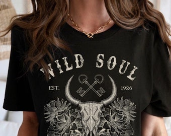 Wild Soul Western Graphic Tee Southwest Shirt Boho Cow Skull Shirt Desert Vibes Vintage TShirt Wild Flower Shirt Cowgirl Longhorn Tshirt