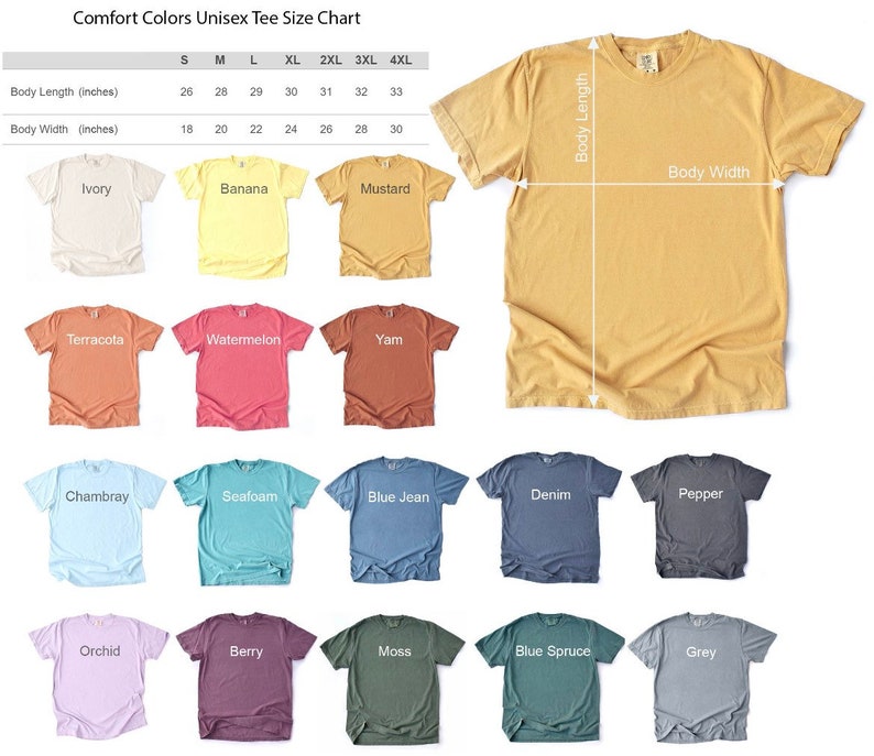 Op de afbeelding: Een maattabel voor unisex T-shirts in verschillende kleuren, waaronder ivoor, banaan, mosterd, terracotta, watermeloen, yam, chambray, zeeschuim, spijkerbroek, denim, peper, orchidee, bes, mos, blauwspar en grijs. De tabel toont de lichaamslengte en -breedte in inches voor maten S tot en met 4XL.
