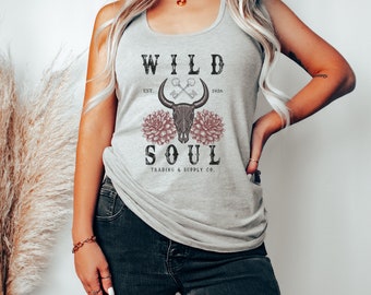 Wild Soul Western Wear Bull Skull Tank Top Vintage Inspired Concert Southwest Tank Floral Shirt Desert Vibes Country Music Nashville Shirt