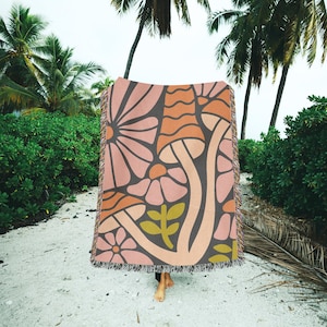 Mushroom Blanket Woodland Cotton Couch Throw Cottagecore Retro Abstract Wild Flower Modern Tapestry Granola Girl Nature Picnic Woven Blanket