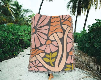 Mushroom Blanket Woodland Cotton Couch Throw Cottagecore Retro Abstract Wild Flower Modern Tapestry Granola Girl Nature Picnic Woven Blanket