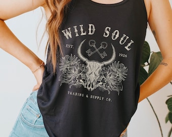 Wild Soul Western Graphic Tank Top Southwest Shirt Boho Cow Skull Shirt Desert Vibes vintage Shirt Wild Flower Shirt Cowgirl Longhorn Tank