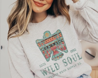 Wild Soul Western Wear Sweatshirt Shirt Distressed Vintage Inspired Aztec Southwest Shirt Thunderbird Crewneck Desert Vibes Western Graphic