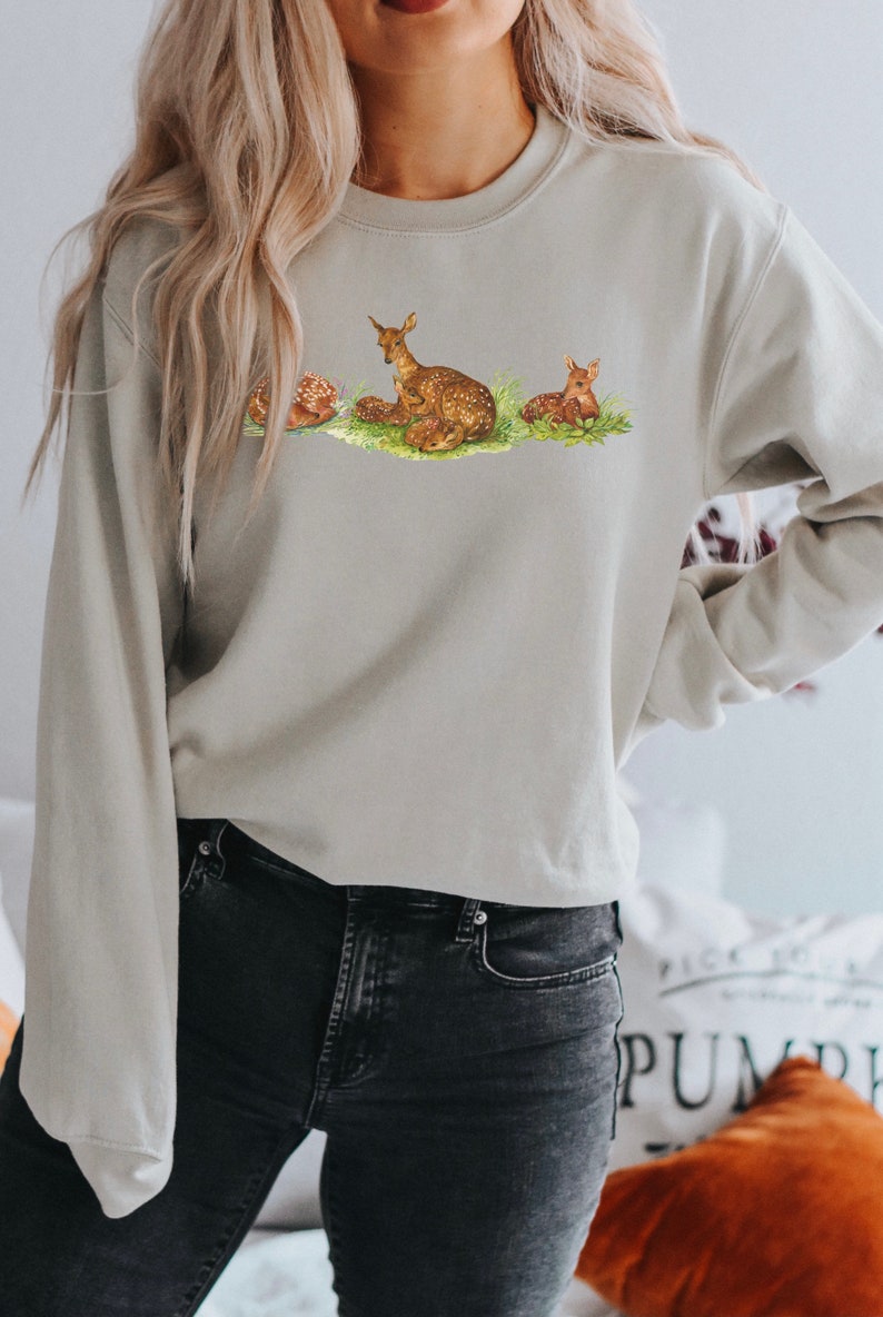 Cute Forest Deer Sweatshirt Mother Deer and Fawns Crewneck Cottage Core Forest Core Woodland Wild Life Shirt Nature Sweatshirt image 2