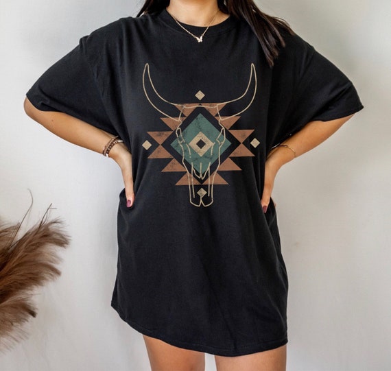 Aztec Cow Skull Shirt South Western Graphic Tee Vintage Print TShirt Country Music Cowgirl Shirt Longhorn Skull Shirt Desert Shirt