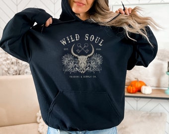 Wild Soul Western Graphic Sudadera con capucha Southwest Boho Vaca Cráneo Camisa Desert Vibes Vintage Wild Flower Camisa Vaquera Longhorn Sudadera con capucha