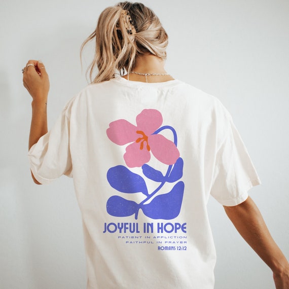 Joyful in Hope Christian Graphic Tee Comfort Colors Jesus Shirt Retro Boho Floral Christian TShirt Wildflower Shirt Bible Verse Aesthetic