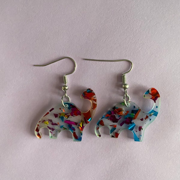 Colourful dinosaur dangle earrings