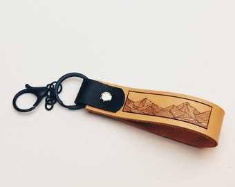 Leather Keychain Personalized, Keyfob gift, Mountain, FULL GRAIN Leather Key Ring,