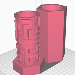 May include: A pink hexagonal container with a pink cylinder with a maze pattern on the side. The cylinder fits inside the container.