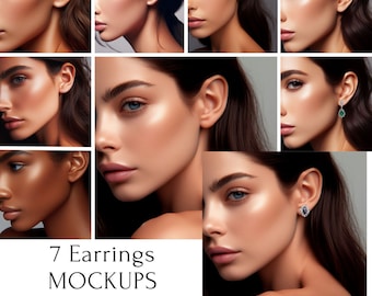 May include: Seven earring mockup images featuring different models with various earring styles. The earrings are silver and feature gemstones, including emerald green and black.