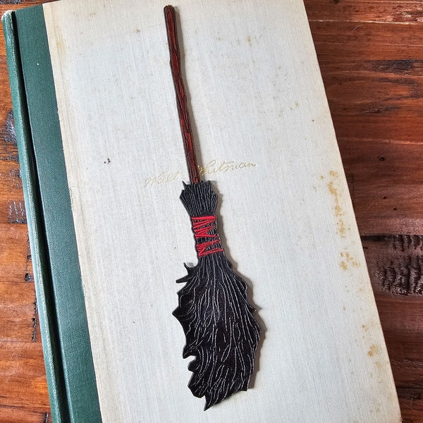 Witch Broomstick Leather Bookmark — Handmade Gothic Literary Accessory