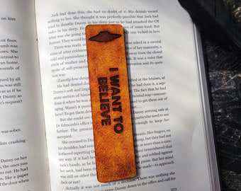 Handmade Leather UFO Bookmark | "I Want to Believe" Alien Gift