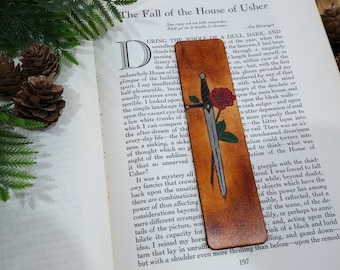 Handmade Leather Sword Bookmark | Fantasy Rose Design
