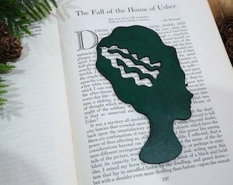 Frankenstein Bride Bookmark Woman Monster Silhouette Green Leather Bookmark Oddity Novelty Journal Page Marker Horror Goth Stationery