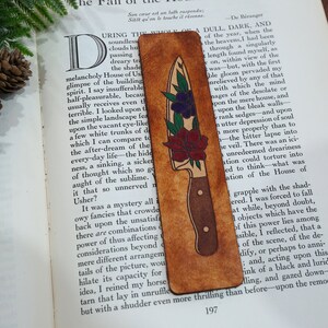 Knife Bookmark | Unique Handmade Leather Bookmark | Horror Bookmark | Gift for Book Lover | Floral Bookmark | Bookish Gift | Hand Painted