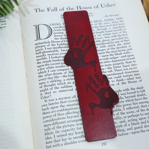 Bloody Hands Bookmark Red Leather Spooky Creepy Horror Homicide Mystery Page Marker Halloween Bookworm Reader Journalist Writer Gift